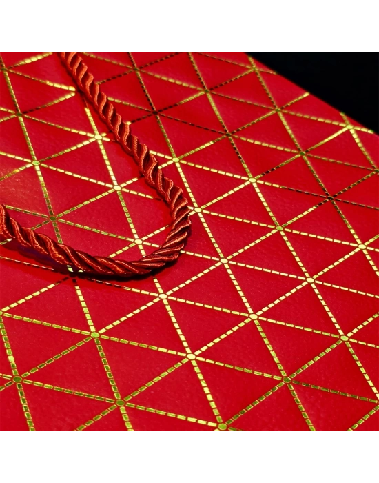 Kırmızı Geometrik Desenli Orta Boy Karton Hediye Çantası