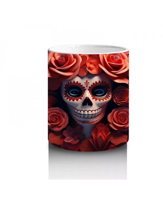 Kırmızı Gül Duvarı Önünde Gotik Kafatası – Hediyelik Kahve Kupası