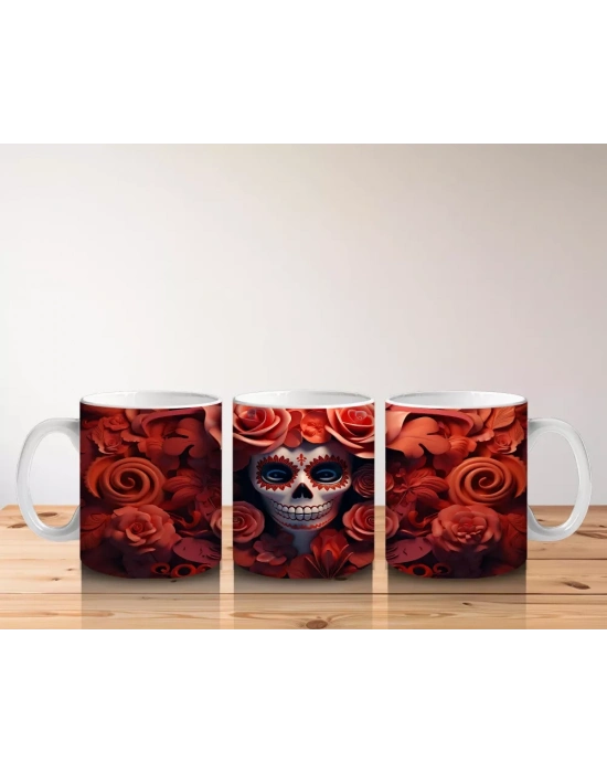 Kırmızı Gül Duvarı Önünde Gotik Kafatası – Hediyelik Kahve Kupası