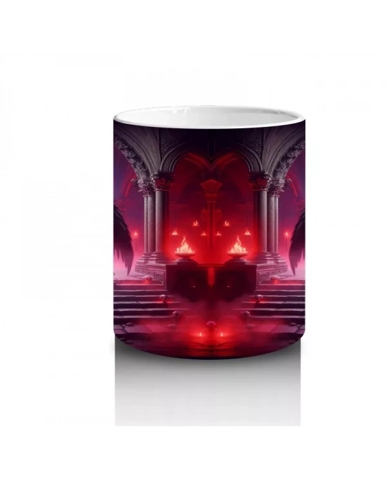 Kırmızı Işıklar Altında Karanlık Vampir Figürlü Cadılar Bayramı Baskılı Kupa Bardak