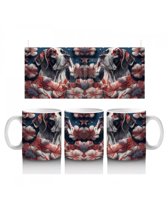 Kırmızı Kalpler ve Desenlerle Bulldog İllüstrasyonu – Baskılı Kahve Kupası