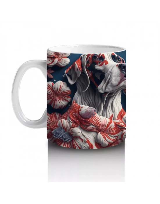 Kırmızı Kalpler ve Desenlerle Bulldog İllüstrasyonu – Baskılı Kahve Kupası