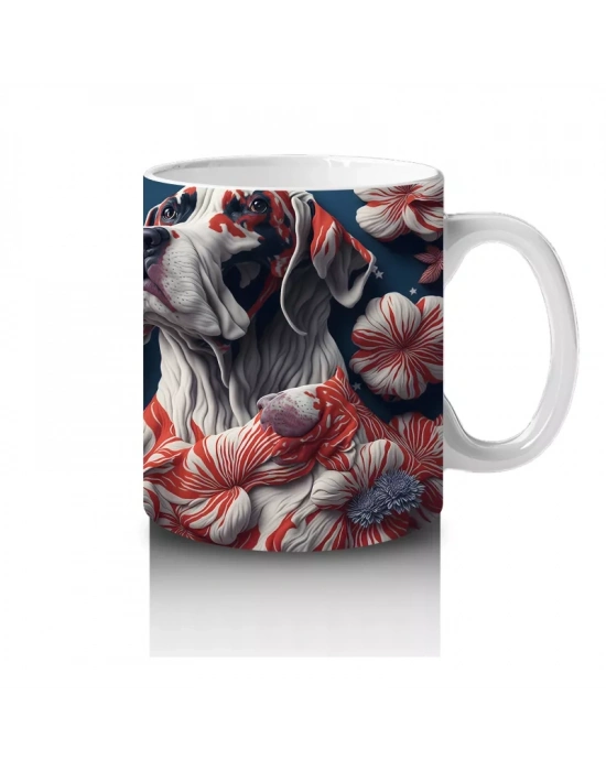 Kırmızı Kalpler ve Desenlerle Bulldog İllüstrasyonu – Baskılı Kahve Kupası