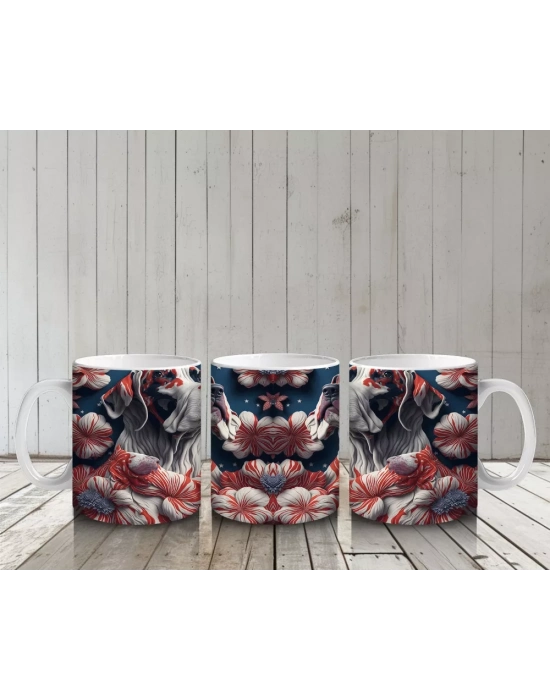 Kırmızı Kalpler ve Desenlerle Bulldog İllüstrasyonu – Baskılı Kahve Kupası