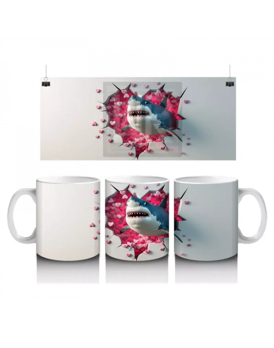 Kırmızı Kalplerle Kaplı Arka Planda Zıplayan Köpekbalığı - Baskılı kahve kupası