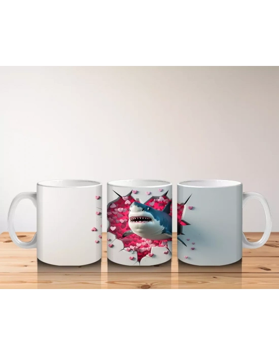 Kırmızı Kalplerle Kaplı Arka Planda Zıplayan Köpekbalığı - Baskılı kahve kupası