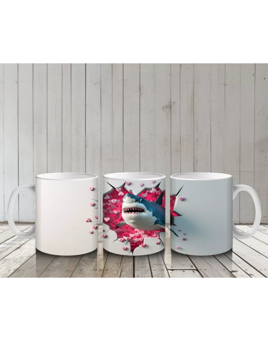 Kırmızı Kalplerle Kaplı Arka Planda Zıplayan Köpekbalığı - Baskılı kahve kupası