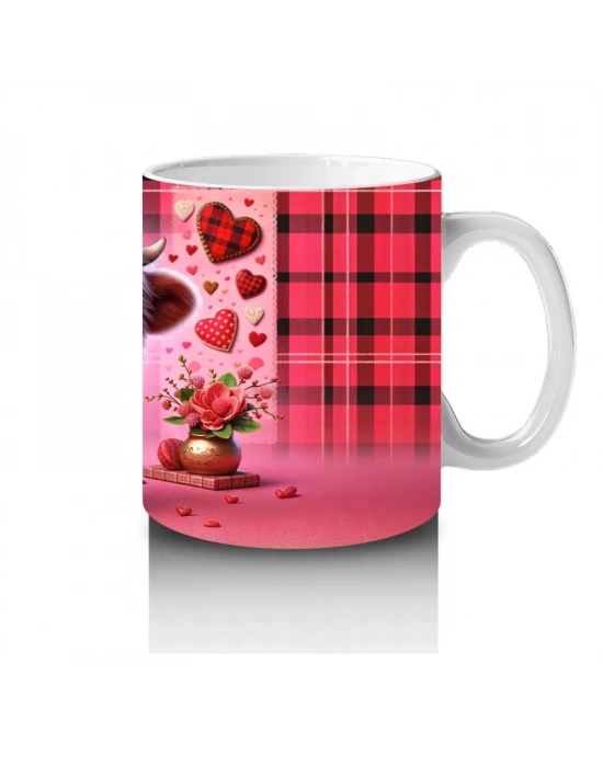 Kırmızı Kalplerle Süslenmiş Tatlı Boğa – Baskılı Kahve Kupası