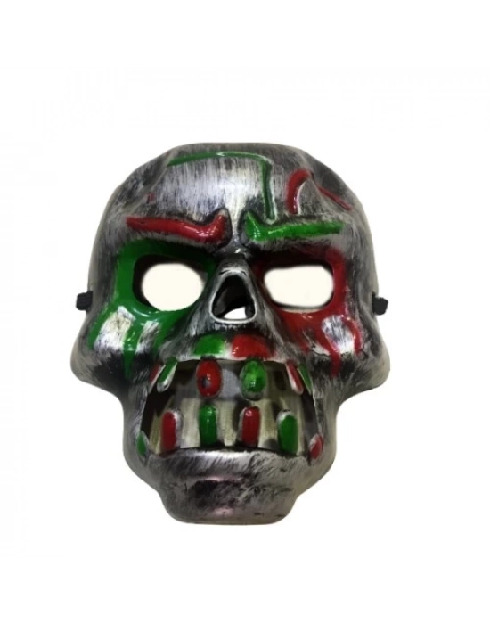 Kırmızı Kan Şeritli Dişli Dracula Kuru Kafa Maskesi Gri Renk