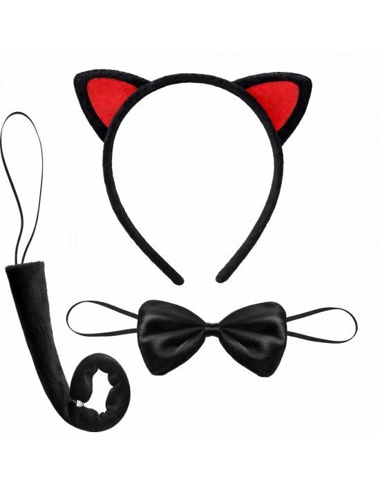 Kırmızı Kulaklı Kedi Kostüm Seti – Taç Papyon Kuyruk 3 Parça