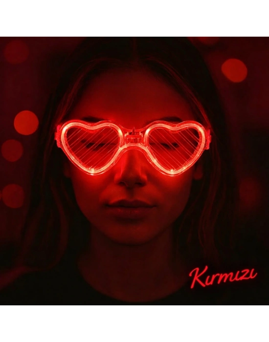 Kırmızı Led Işıklı Kalp Gözlük – 3 Modlu Parti & Glow Gözlüğü