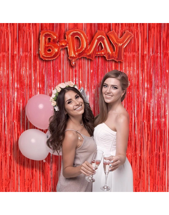 Ekstra Metalize Parlak Saçaklı Arka Fon Perde Kırmızı