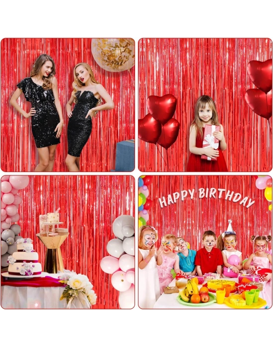 Ekstra Metalize Parlak Saçaklı Arka Fon Perde Kırmızı