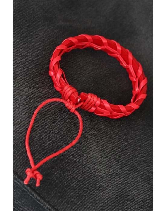 Kırmızı Örgü Deri Erkek Bileklik
