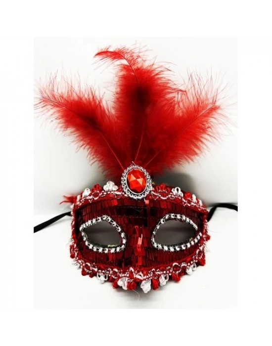 Kırmızı Payetli Pullu Tüylü Parti Maskesi