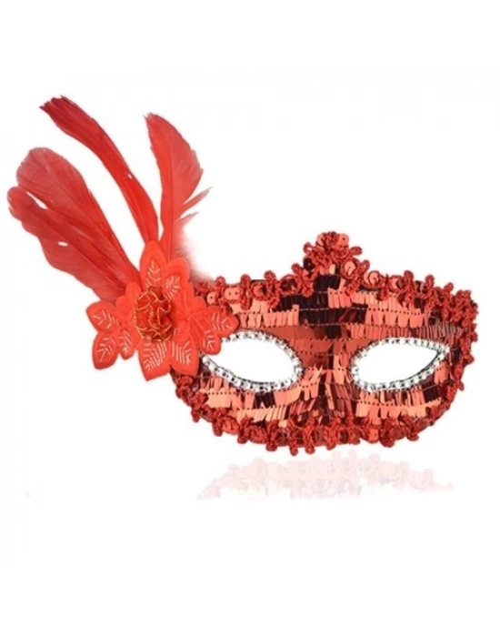 Kırmızı Payetli Pullu Tüylü Parti Maskesi