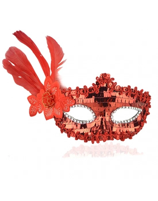 Kırmızı Payetli Pullu Tüylü Parti Maskesi