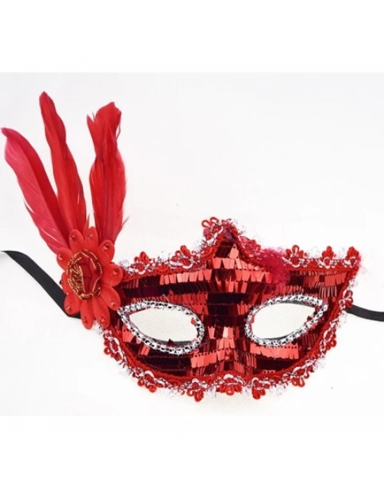 Kırmızı Payetli Pullu Tüylü Parti Maskesi