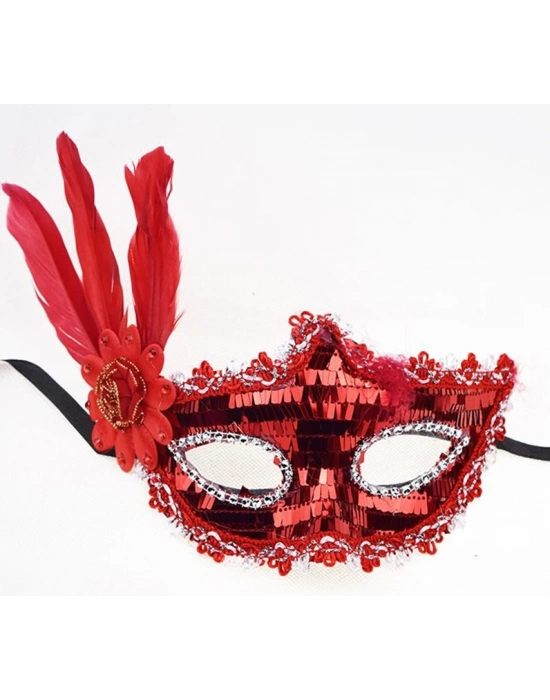 Kırmızı Payetli Pullu Tüylü Parti Maskesi