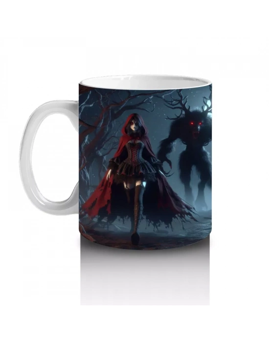 Kırmızı Pelerinli Silüet Figürlü Sisli Gece Temalı Gotik Cadılar Bayramı Baskılı Kupa Bardak