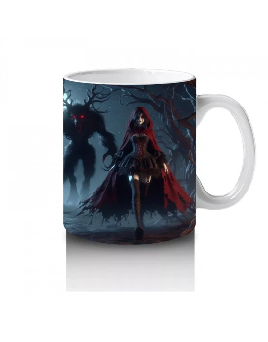Kırmızı Pelerinli Silüet Figürlü Sisli Gece Temalı Gotik Cadılar Bayramı Baskılı Kupa Bardak