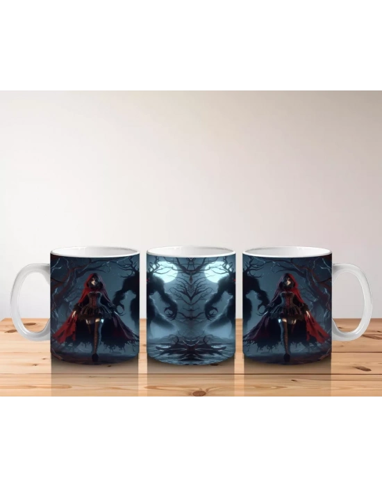 Kırmızı Pelerinli Silüet Figürlü Sisli Gece Temalı Gotik Cadılar Bayramı Baskılı Kupa Bardak