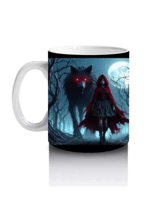 Kırmızı Pelerinli Vampir Figürlü Sisli Gece Temalı Cadılar Bayramı Baskılı Kupa