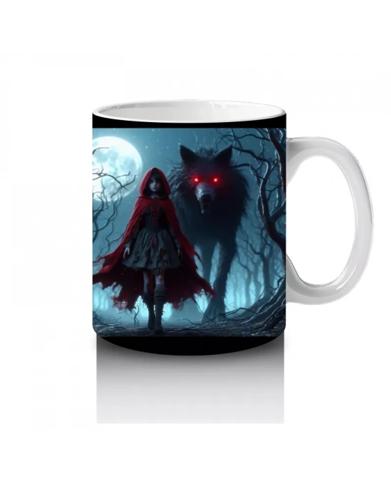 Kırmızı Pelerinli Vampir Figürlü Sisli Gece Temalı Cadılar Bayramı Baskılı Kupa