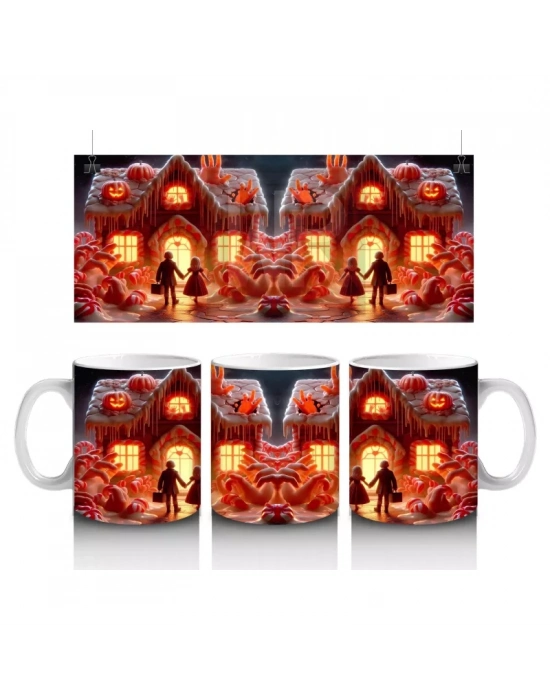 Kırmızı Perili Evler ve Balkabaklarıyla Renkli Cadılar Bayramı Baskılı Kupa Bardak