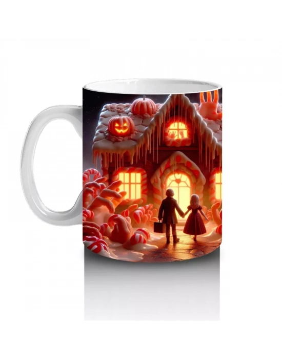 Kırmızı Perili Evler ve Balkabaklarıyla Renkli Cadılar Bayramı Baskılı Kupa Bardak