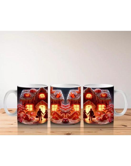 Kırmızı Perili Evler ve Balkabaklarıyla Renkli Cadılar Bayramı Baskılı Kupa Bardak