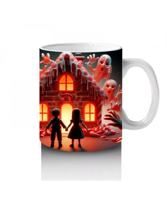 Kırmızı Perili Kurabiye Ev Temalı Renkli Cadılar Bayramı Baskılı Kupa