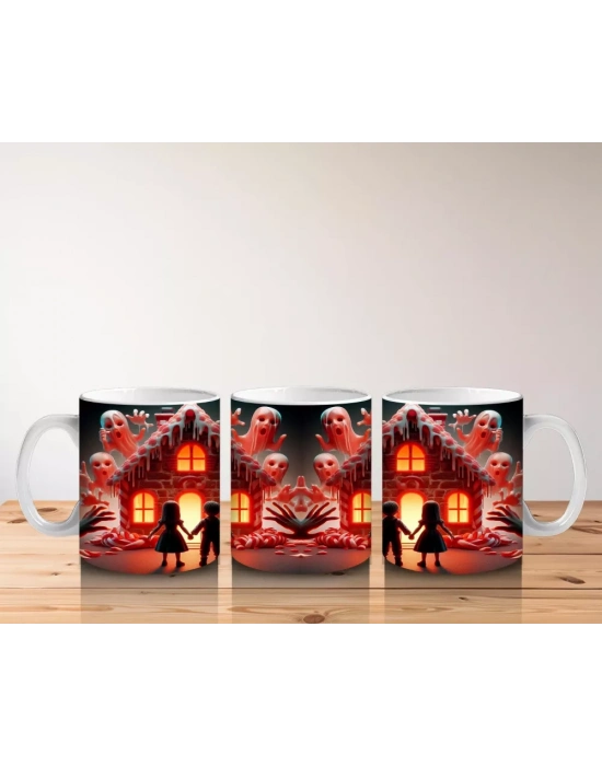 Kırmızı Perili Kurabiye Ev Temalı Renkli Cadılar Bayramı Baskılı Kupa