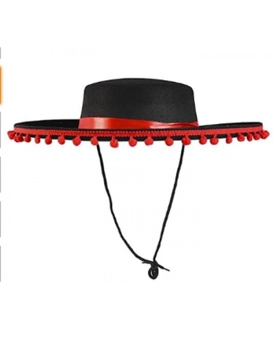 Kırmızı Ponponlu Siyah Renk Çocuk İspanyol Şapkası