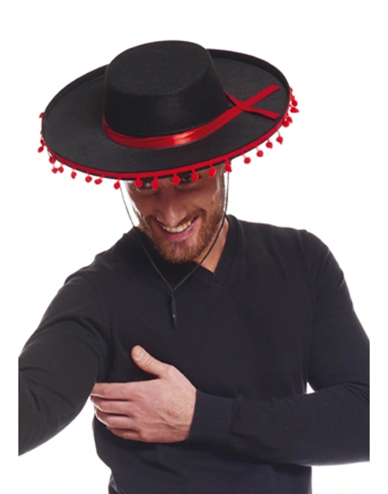 Kırmızı Ponponlu Siyah Renk Yetişkin İspanyol Şapkası