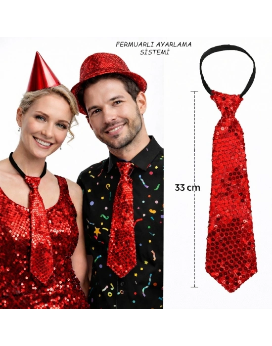 Kırmızı Renk Pul Payetli Işıltılı Parti Kravatı 33 Cm