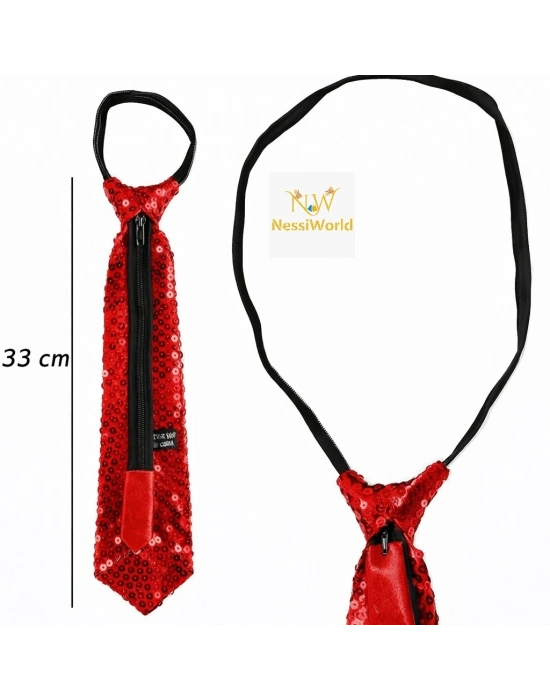 Kırmızı Pul Payetli Işıltılı Parti Kravatı 33 cm