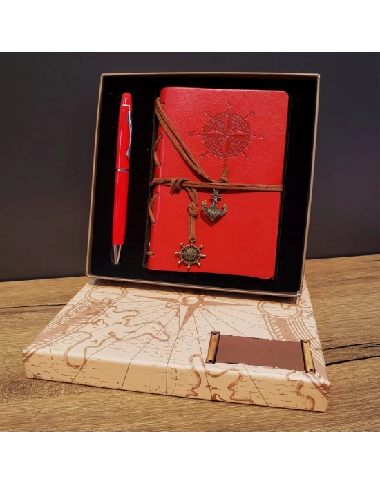 Kırmızı Pusula Tasarım Deri Defter Ve Touchpen Kalem Seti