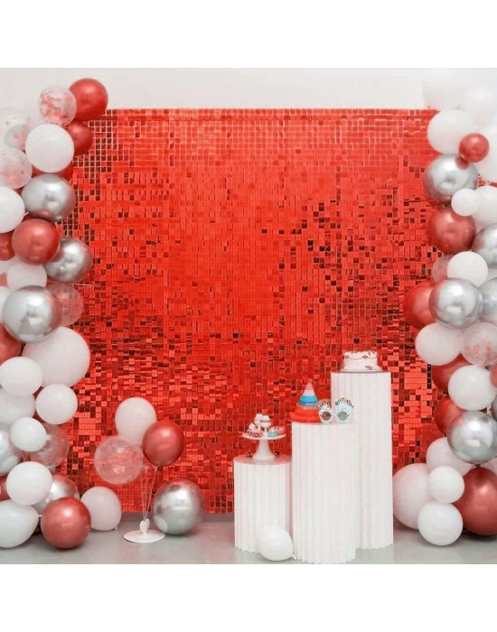 Kırmızı Renk Dikdörtgen Kesim Parlak Sim Görünümlü Fon Perde Dekor 1x2 Metre