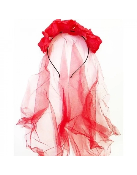 Kırmızı Renk Güllü Duvaklı Halloween Taçı