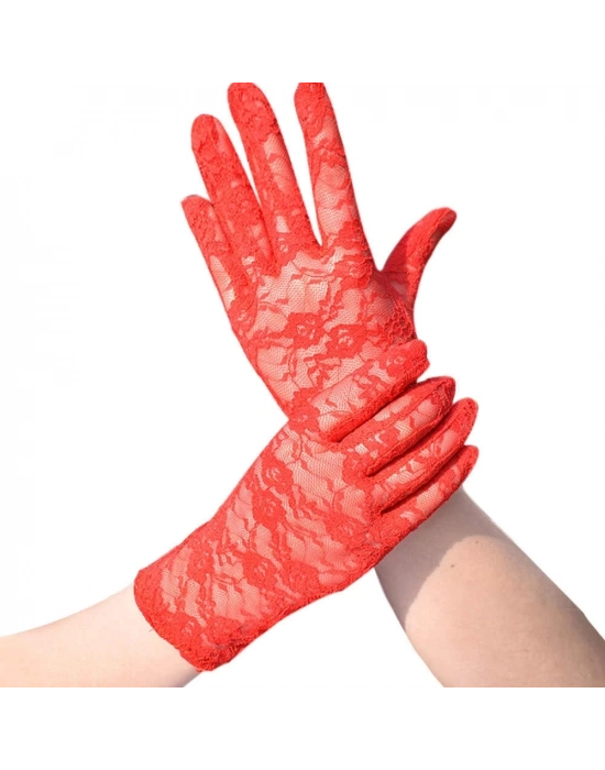Kırmızı Renk Kısa Dantelli Eldiven