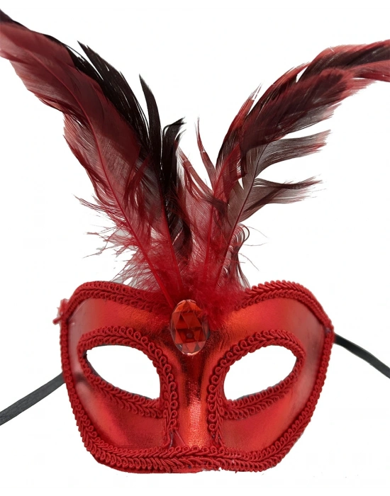 Kırmızı Renk Rugan Kaplama Kırmızı Tüylü Parti Maskesi 18x20 Cm