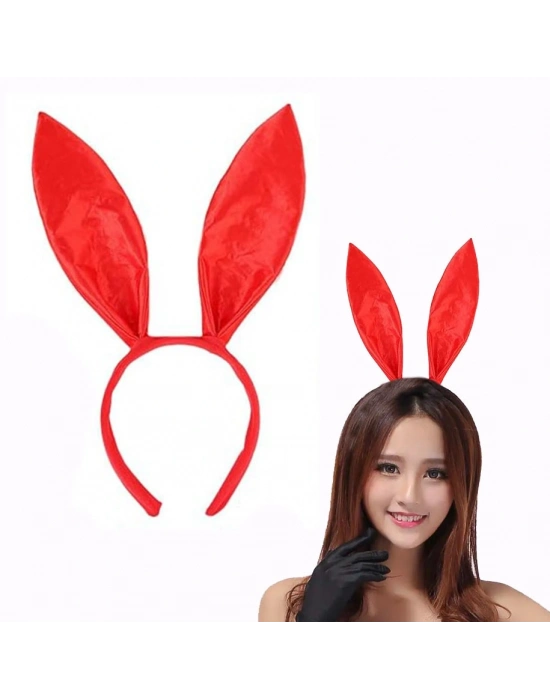 Kırmızı Renk Saten Kaplama Şekil Verilebilir Tavşan Kulak Taç 35x11 Cm