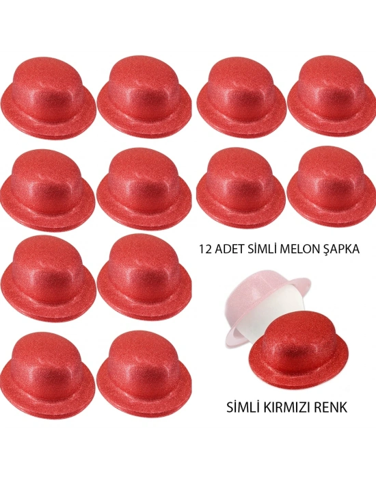 Kırmızı Renk Simli Melon Yuvarlak Parti Şapkası 12 Adet