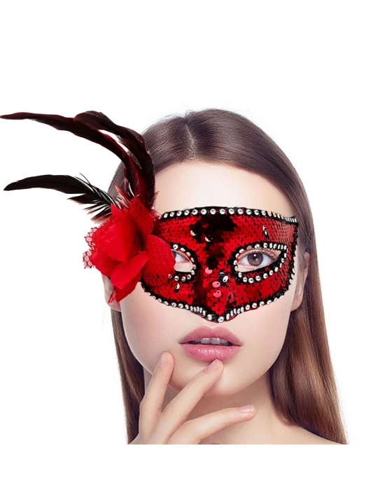 Kırmızı Renk Yandan Tüylü Güllü Gümüş Taşlı Pullu Maske 20x22 Cm