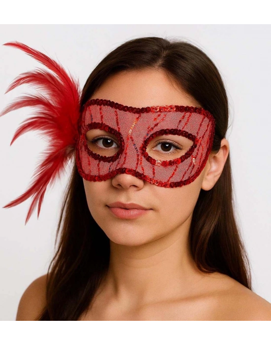 Kırmızı Renk Yandan Tüylü Pul Payet İşlemeli Parti Maskesi 23x12 Cm