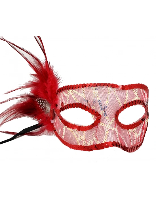 Kırmızı Renk Yandan Tüylü Pul Payet İşlemeli Parti Maskesi 23x12 Cm