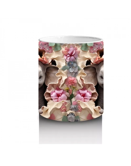 Kırmızı Şapkalı Filler Arasında Çiçekler – Baskılı Kahve Kupası