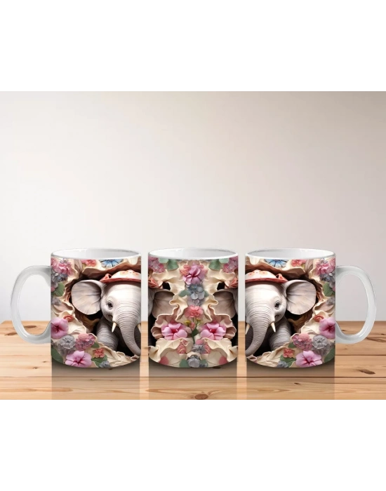 Kırmızı Şapkalı Filler Arasında Çiçekler – Baskılı Kahve Kupası