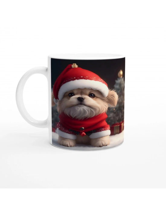 Kırmızı Şapkalı Mini Noel Köpeği Baskılı Kupa Bardak